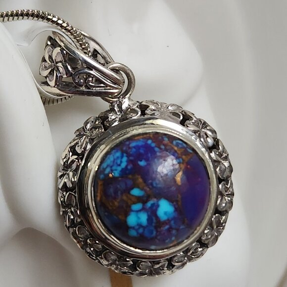 2011 925 Artisian Natural Purple Copper Turquoise Round Pendant 18" Silver Chain - Picture 4 of 10